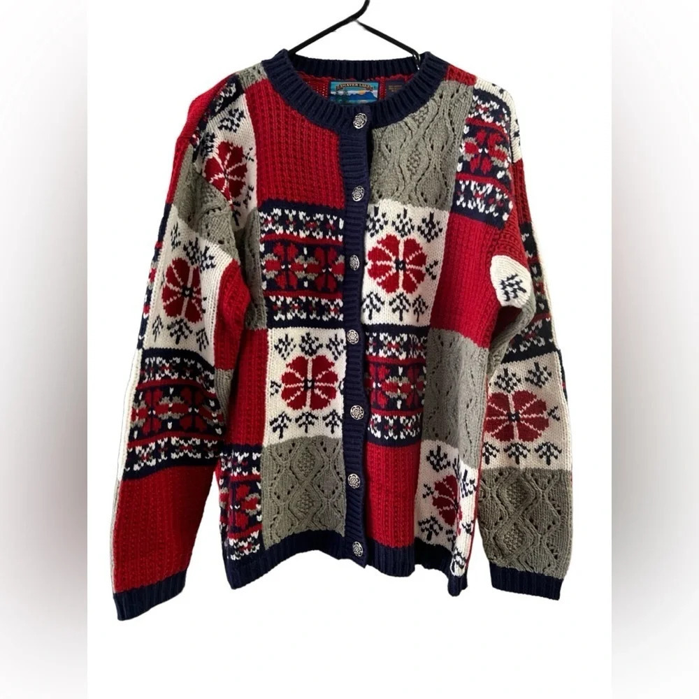 Red white and blue button up sweater cardigan
